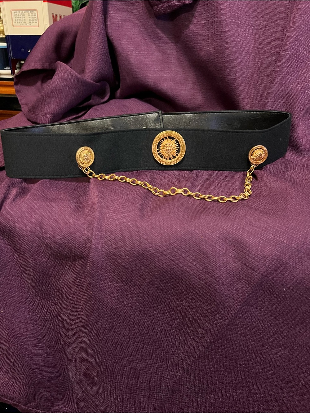 Vintage Black Waist Belt with Gold Medallion Chain